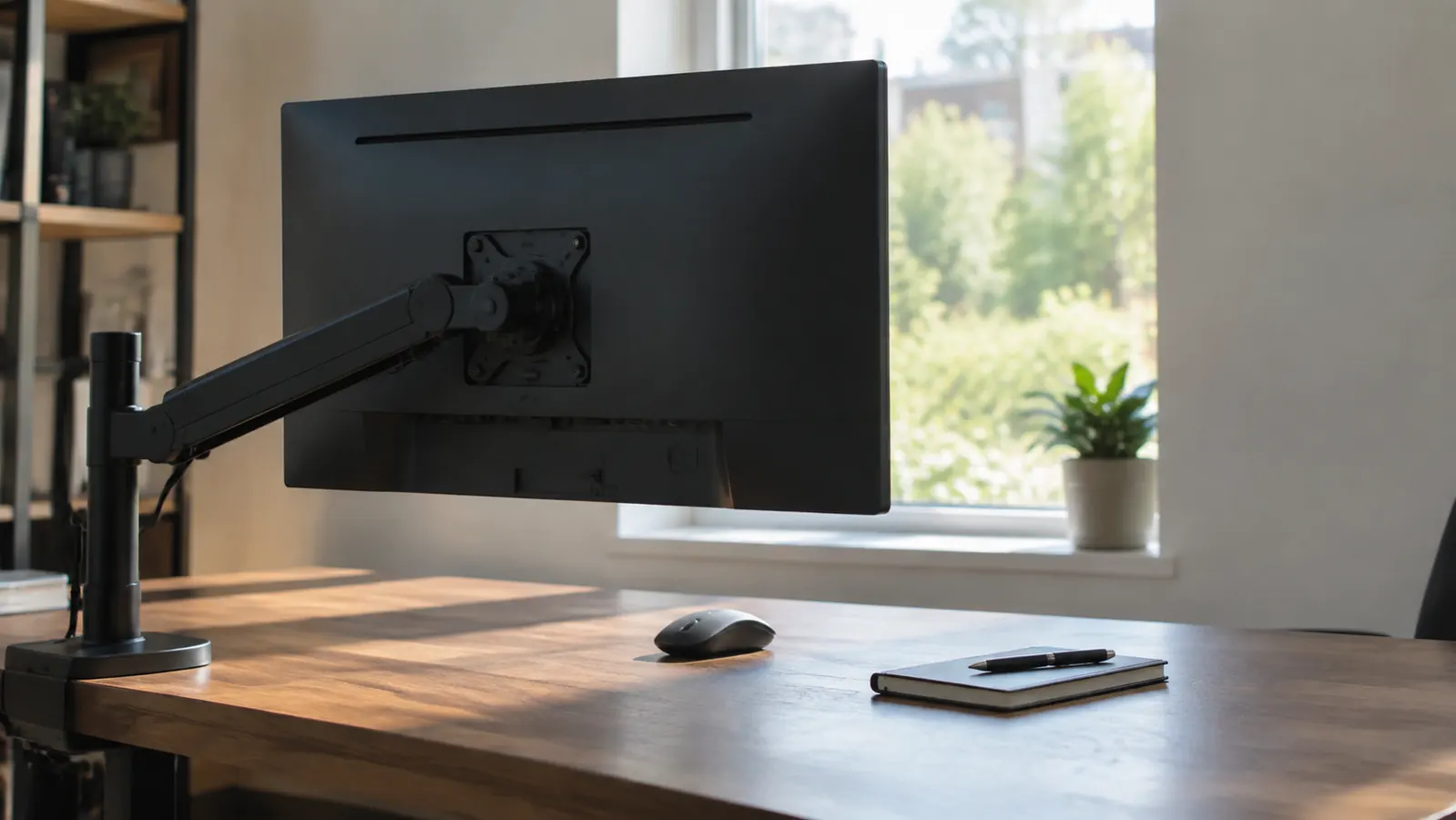 A clear desk with a monitor floating above it on a mount