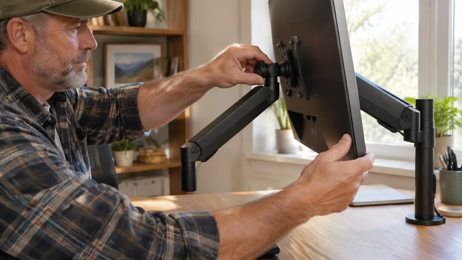 Close-up of hands adjusting a monitor attached to an arm clamp on the back edge of a desk