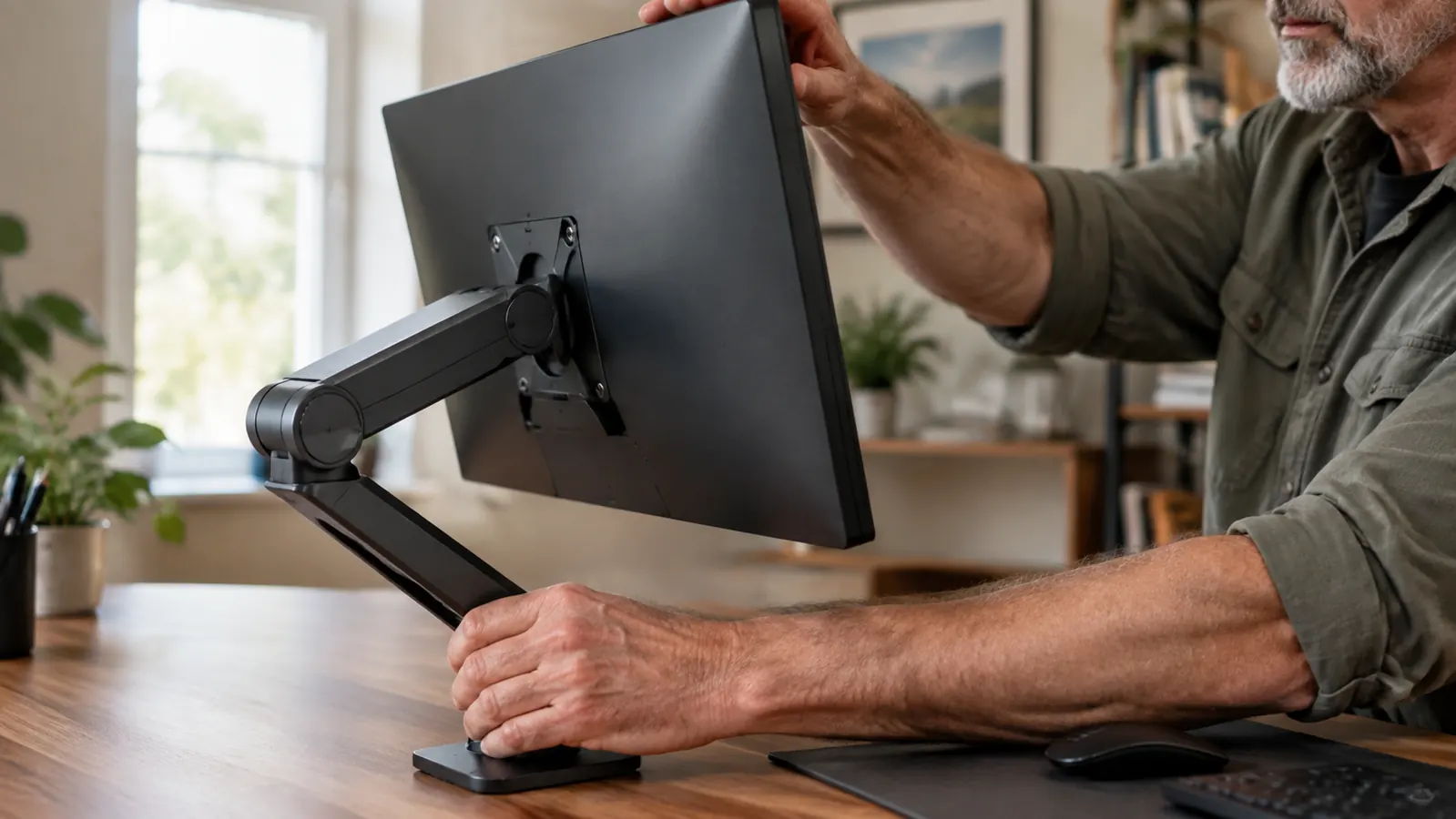 Hand adjusting the height of a monitor mounted on an arm at a desk