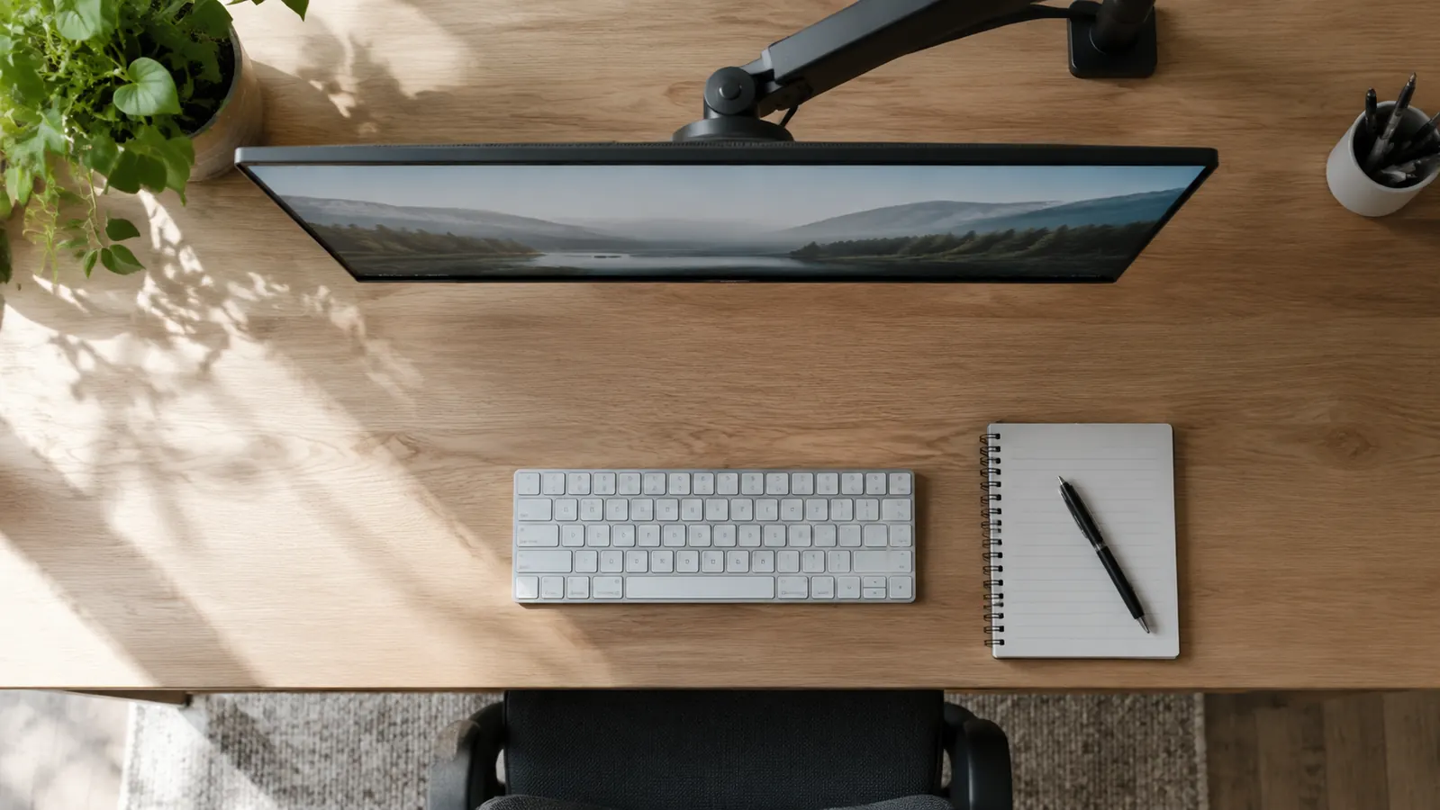 Desk surface with keyboard and notepad in the open space where a monitor stand used to fit
