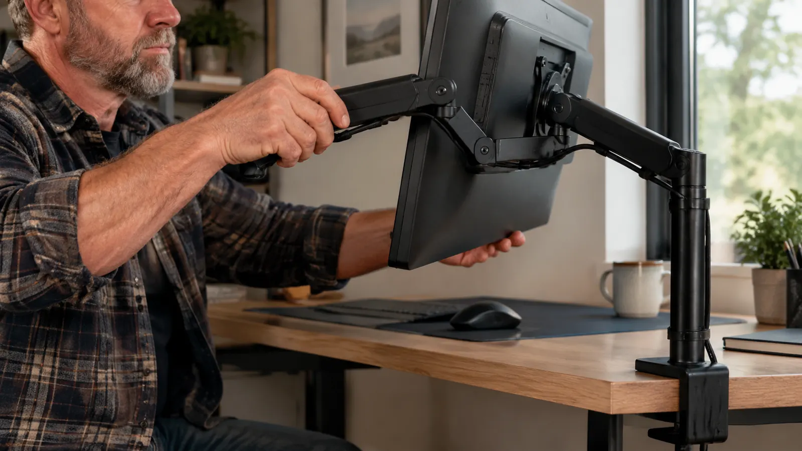 A hand adjusting the joint of a black monitor arm to move a screen forward